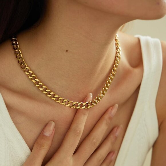 🆕 Women Gold Chunky Chain Necklace Thick Cuban Curb Gemstone Pendant Jewelry - Picture 2 of 7